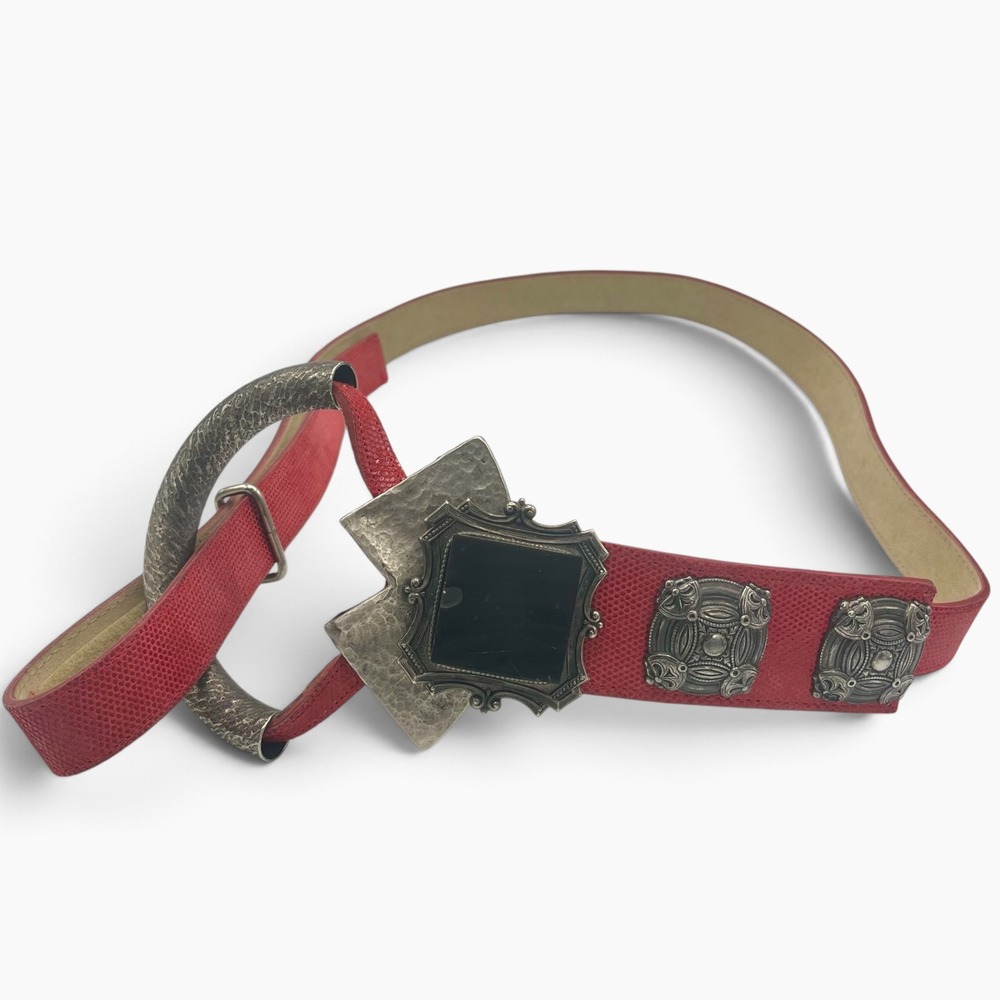 Red Lizard Embossed Ornate Silver Gothic Western Statement Belt Concho